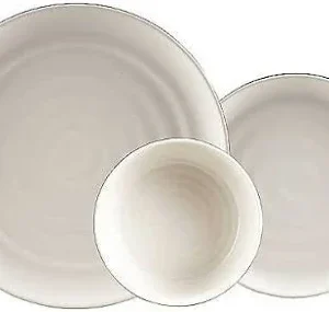 Three beige stoneware vessels overlapping on white background