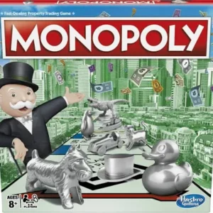 Monopoly game box with Mr. Monopoly and tokens