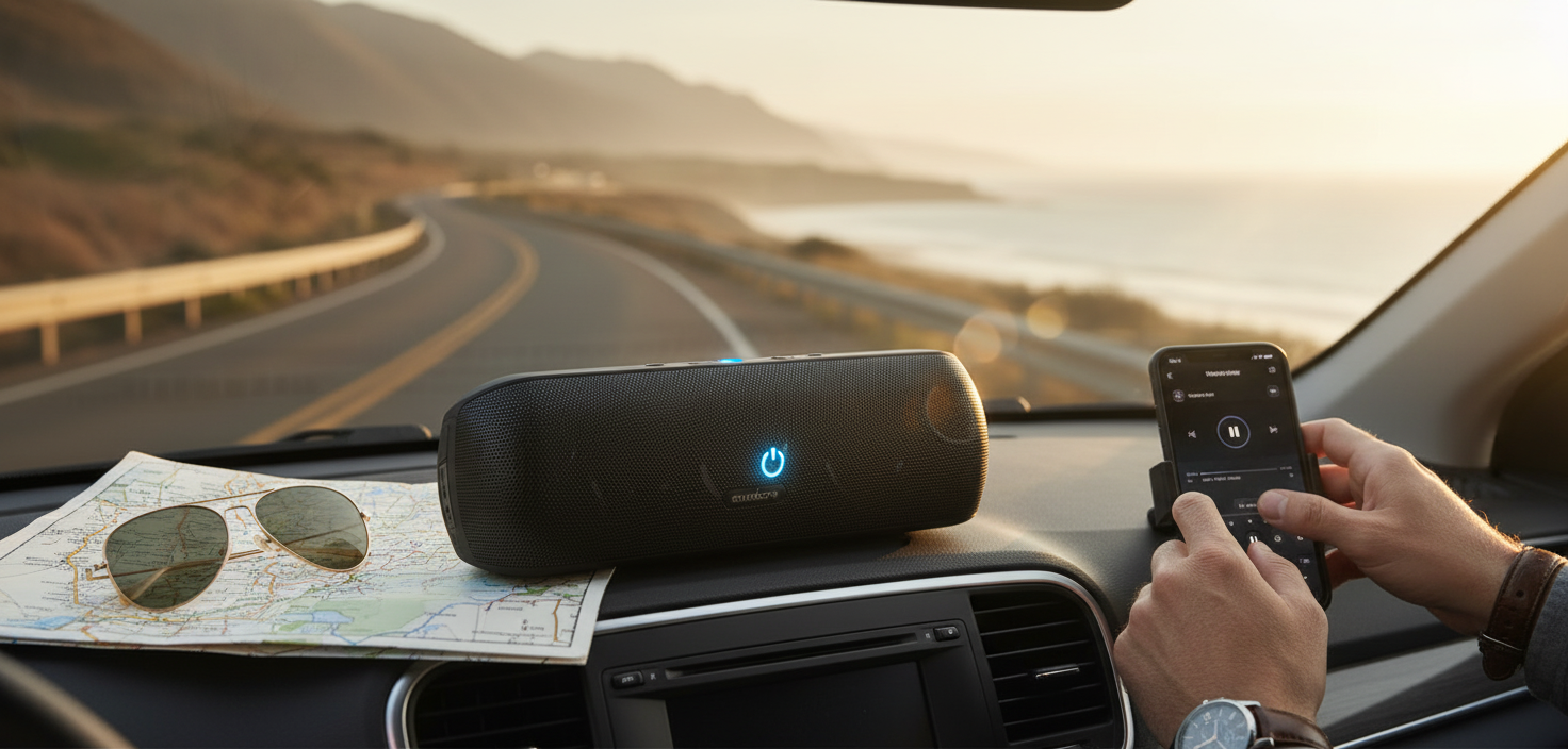 Black portable Bluetooth speaker on car dashboard overlooking sunset coastal road.